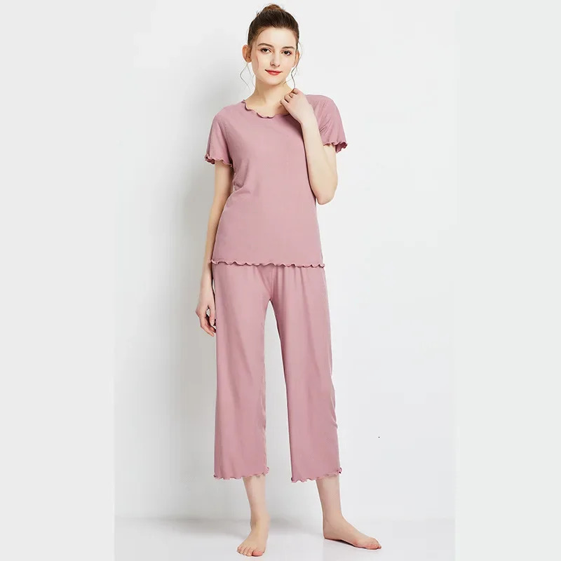 Japanese summer ladies cotton modal short-sleeved nine-point pants suit home service suit womens large size home pajamas 250616