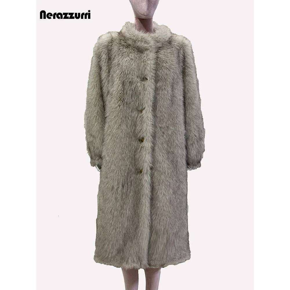 Nerazzurri Autumn Winter Long Fluffy Thick Warm Soft Hairy Black Faux Fur Coat Women Single Breasted Loose Casual Furry Overcoat