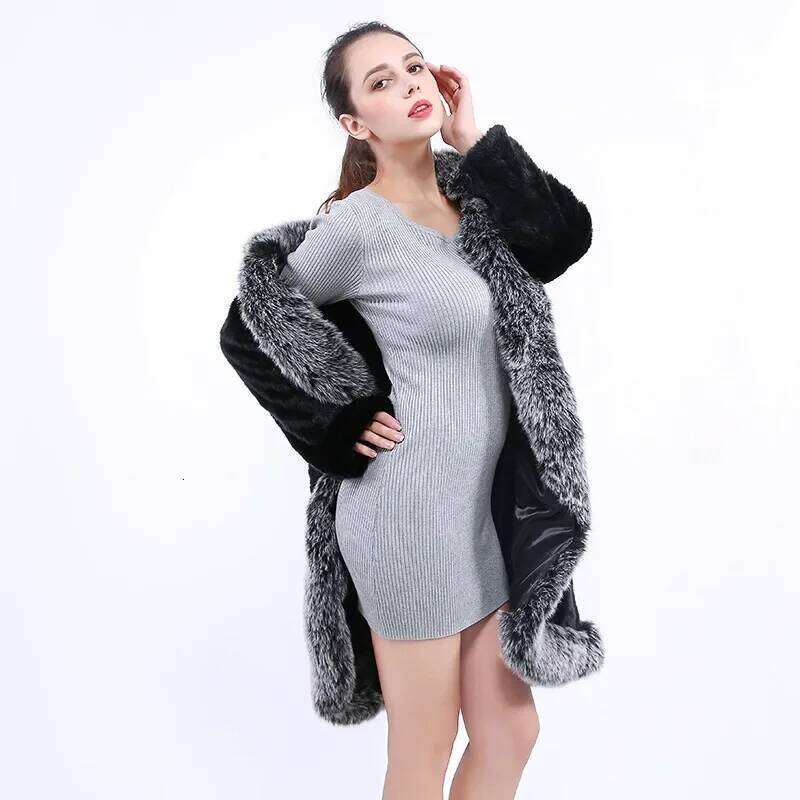 Winter Fall Women Fashion Grey Faux Fox Fur Collar Black Mink Coat , 3xl 4xl Thick Warm Elegant Coats Long Jacket for Woman
