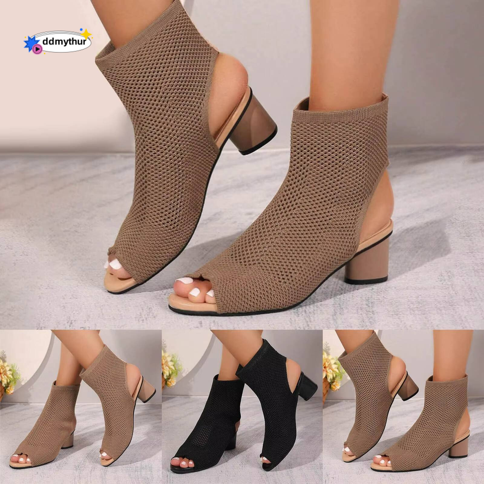 Summer Casual Slip On Ankle Boots Sexy Womens High Heels Shoes Knit Chunky Heel Open Pointed Toe Slingback Heeled Sandals ddmythur