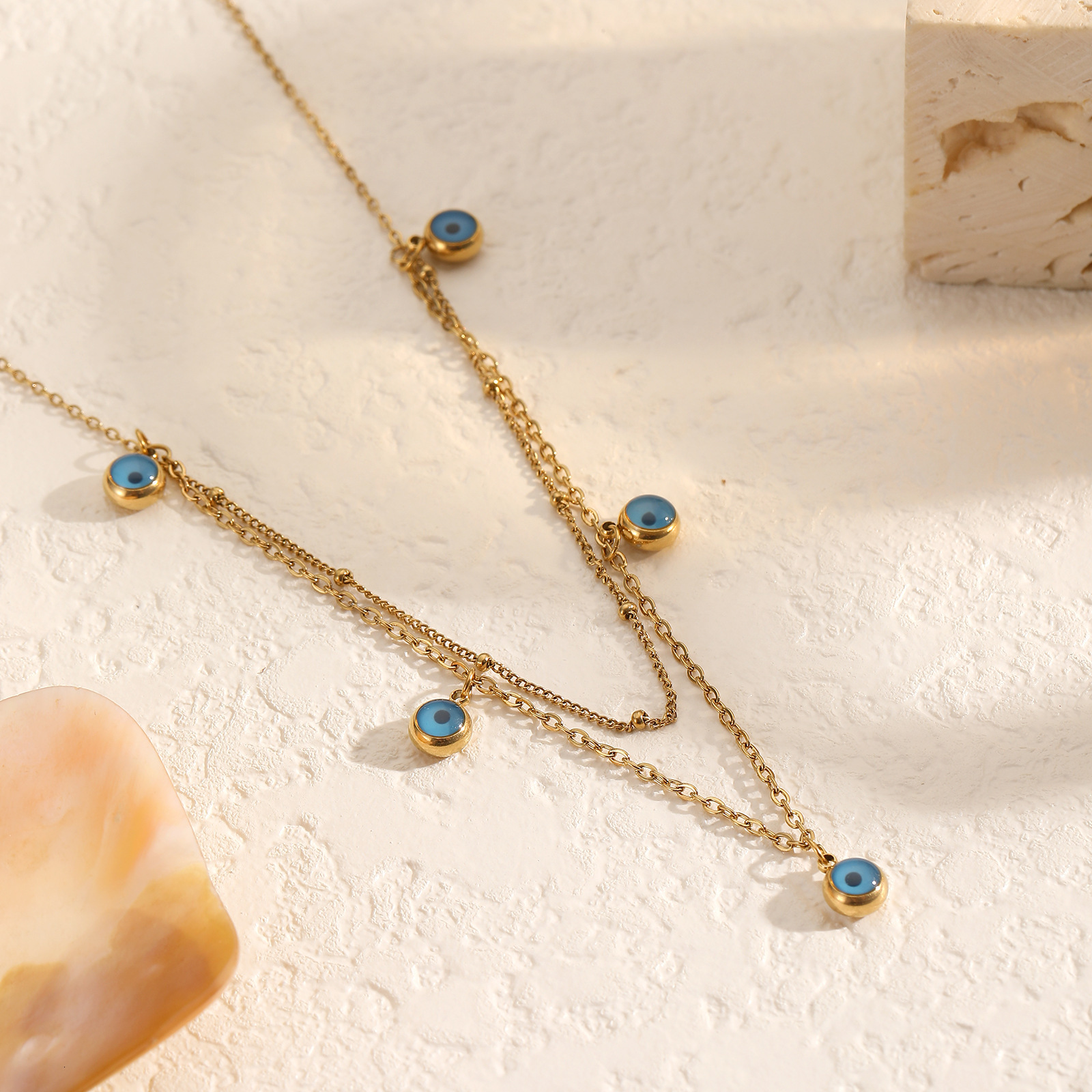 New Double Layer Demon Titanium Steel for Women Trendy Versatile Design Blue Eye Sweater Chain Necklace