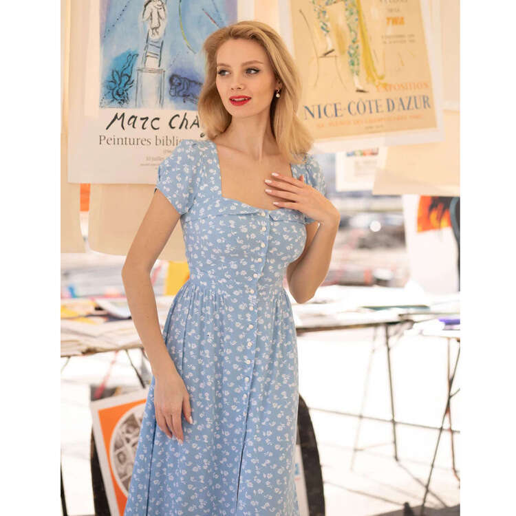 Partydress Birthday Dress Skirt N676 Summer 2025 Blue Square Neck Floral Dress Short Sleeve Waist-cinching Escaping Princess French Style Womens Cloth