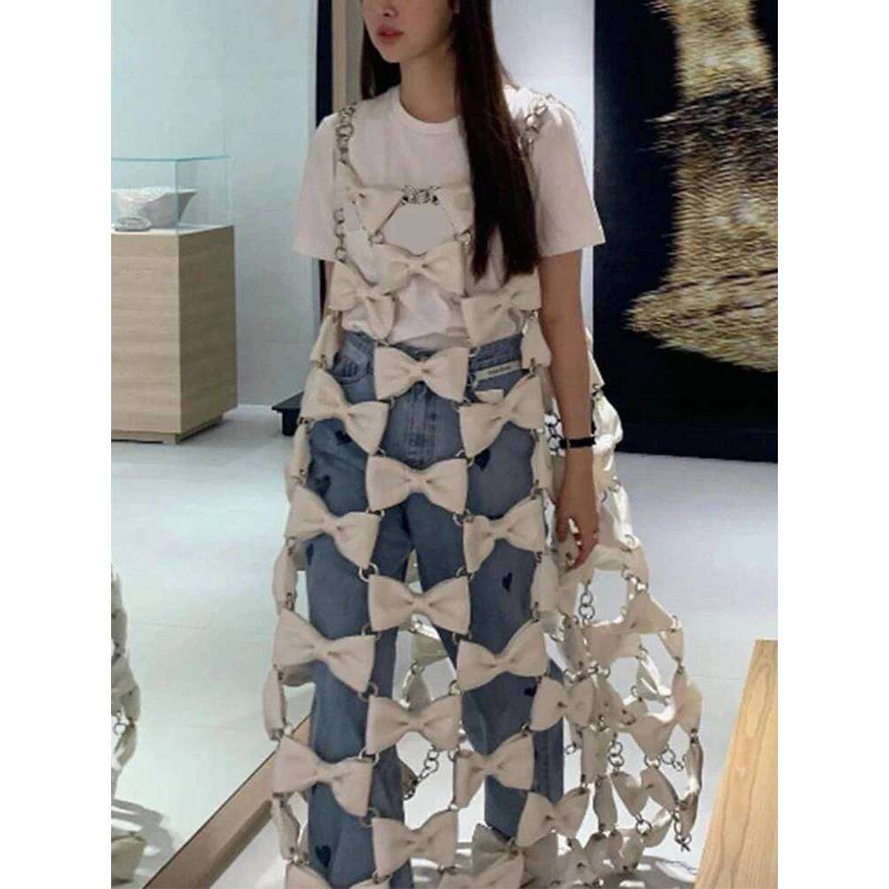 Designer Clothing 2025 Solid Hollow Out Chic Dresses For Women Camisole Sleeveless High Waist Patchwork Bowknot Minimalist Dress Female