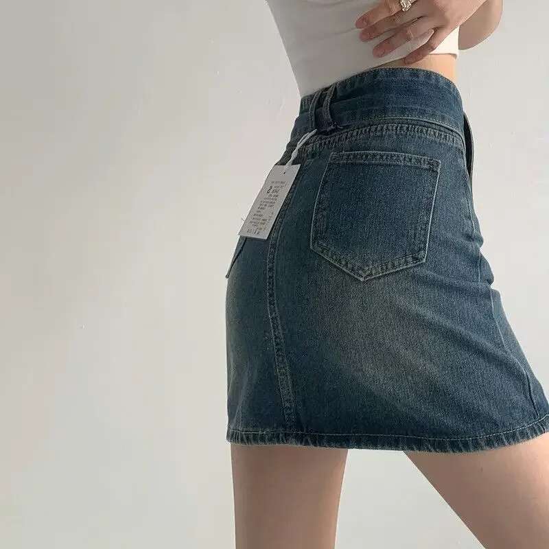 Gyaru Sexy Short Female Jeans Skirts Blue with Pocket High Waist Coquette Mini Womens Denim Skirt Modest Luxury Elegant New In