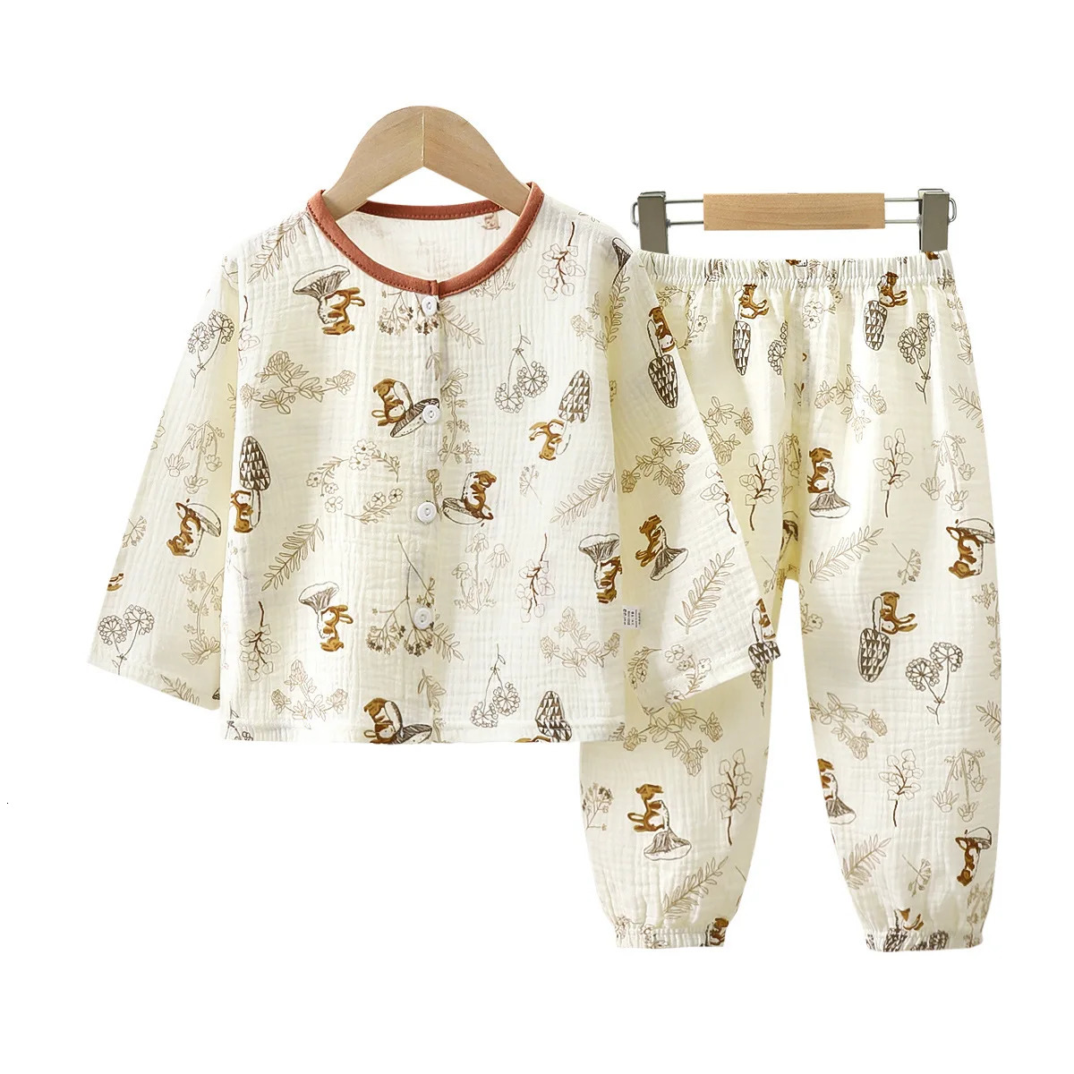 Girls Summer Cotton Gauze Thin Pajamas Home Wear Cartoon Floral Print Long Sleeve Lace Trimmed Sleepwear Baby Clothing Set 250617