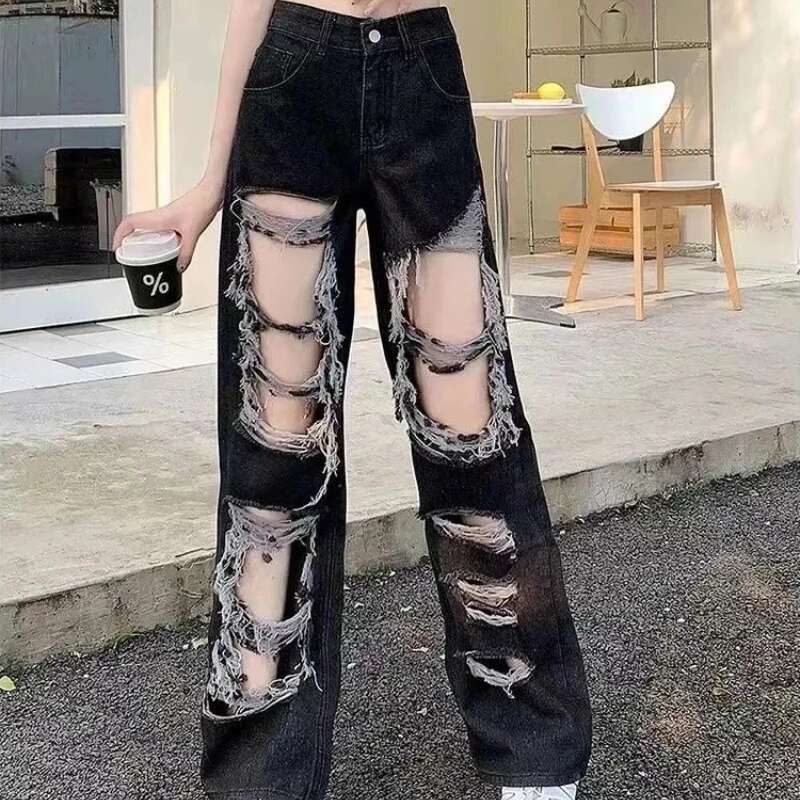 Wide Leg Womens Ripped Jeans With Holes Trousers High Waist Shot Stretched Cool Cowboy Pants for Woman Hippie Z Luxury Designer