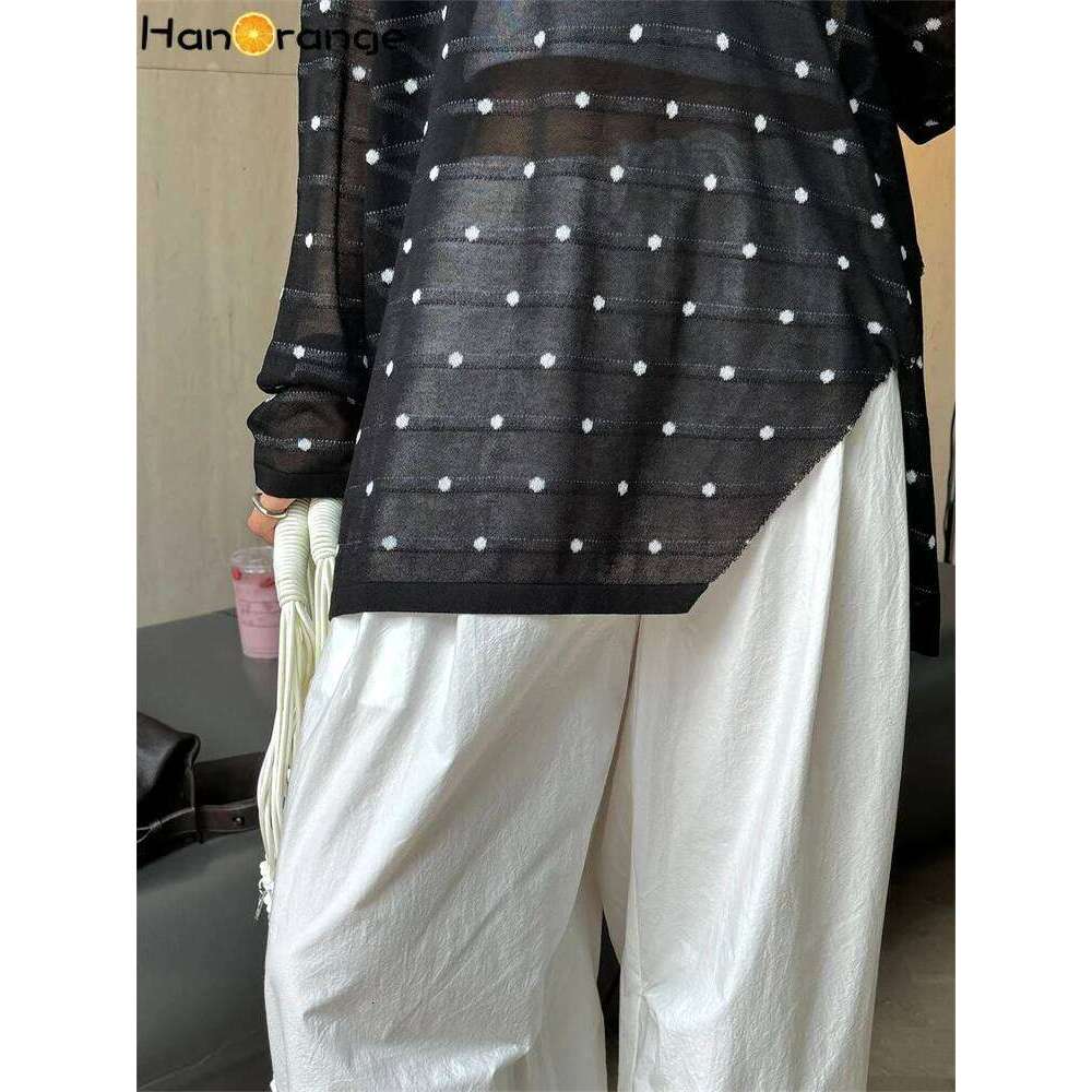 HanOrange 2024 Summer Retro Lazy Polka Dot Knitted Sweater Women Lightweight Breathable Loose Knitting Top Apricot/Black