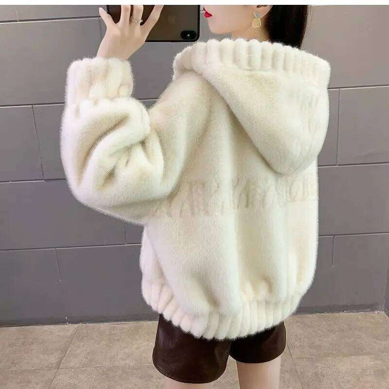 Short Mink-like Hair Fur Hooded Top Little Fellow Fashionable Fleece Coat Female Spring and Autumn Warm Winter New