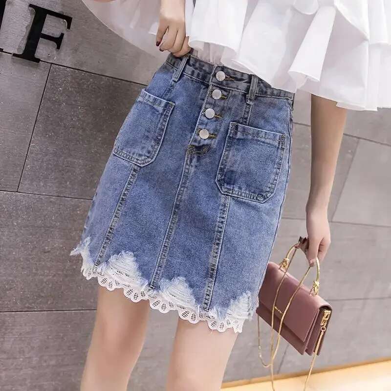 Woman Denim Skirt High Waist Blue Patchwork Quality Clothing Trend 2025 Stylish Casual Korean Style Sales Jeans Skirts for Women