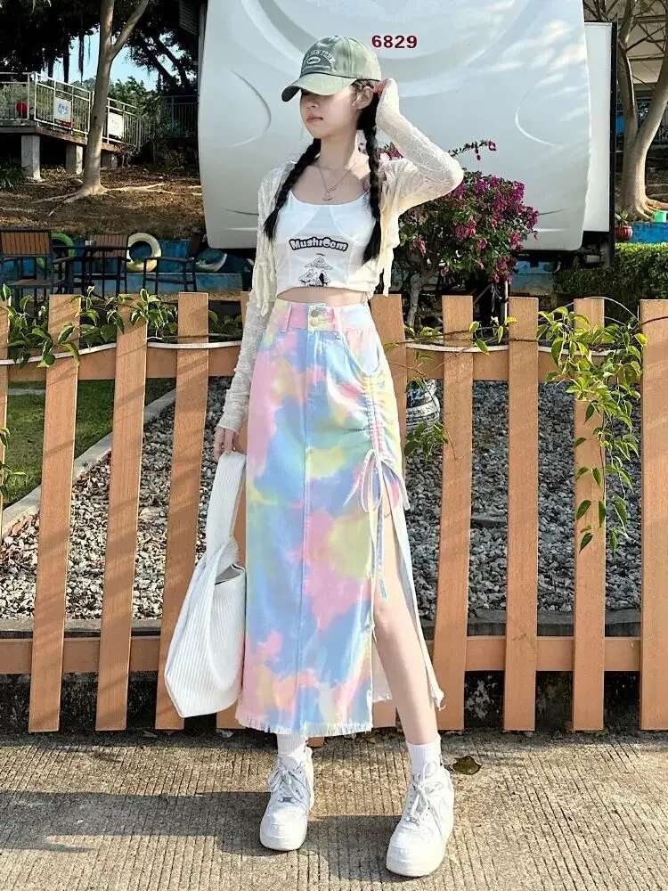 High Waist Woman Denim Skirt Drawstring Jeans Skirts for Women Korean Style Stylish Aesthetic Vintage Clothing Trend 2025 New In