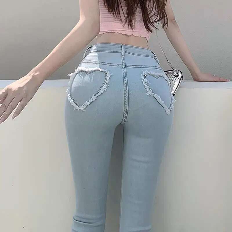 Womens Jeans Slim Fit with Hearts Pants for Women Pockets Skinny Trousers Vintage Harajuku Fashion Pant Denim 90s Z A Streetwear