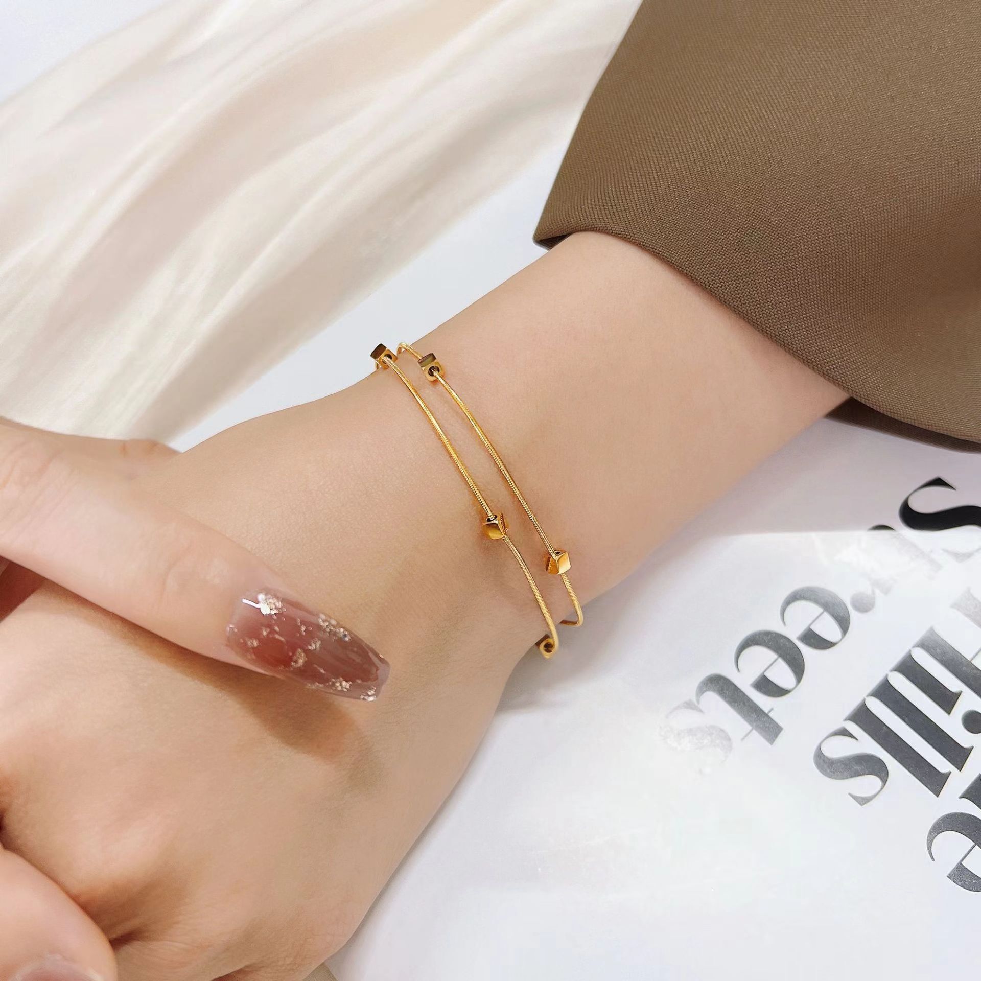 Fashion Light Style Versatile Elegant Small Square Double Layer Stacked Bracelet for Women Titanium Steel Non-Fading Jewelry