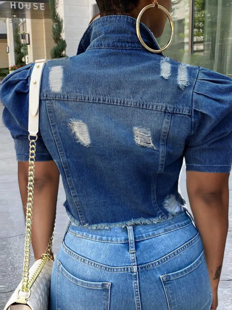 LW Spring Summer Plus Size Puff Sleeve Ripped Denim Jacket Street Plain Short Sleeve Button Turndown Collar Coat for Women 250616
