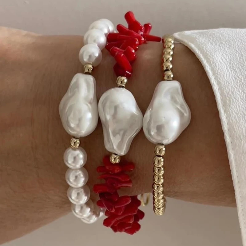 Natural Coral Bracelet for Women Fashion Irregular Faux Baroque Pearl Bracelet Summer Beach Jewelry 250616