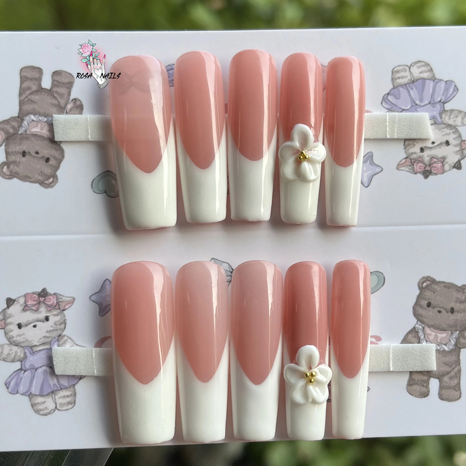 French Tips Extra Long Square Nail Art 3D Flower Nude Colours French Tip Long XL Square Flowers Acrylic Handmade Press on Nails 250612