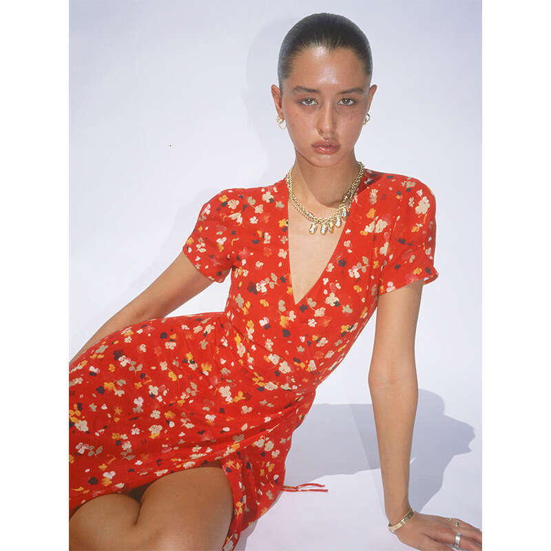 Womens Designer Clothing Dresses for Woman Devise Goth Plus Size Dresses 687 Silk Tea Short Sleeve V-neck Waist Tie Wrap Dress Printed French Style Wo