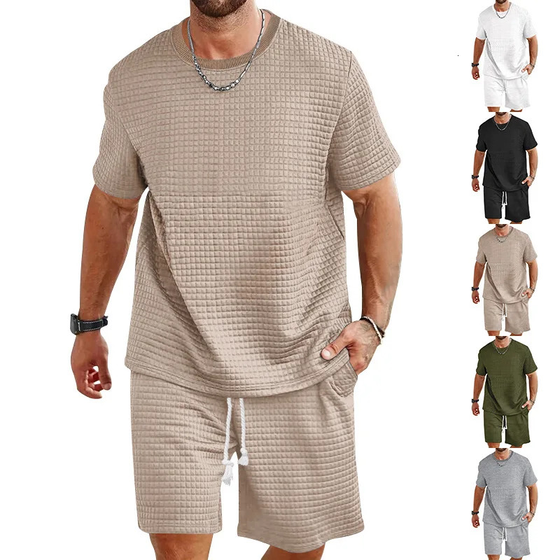 crossborder mens sports and leisure solid color round neck Tshirt shorts fashionable summer suit 250614