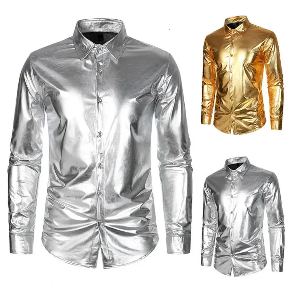 Solid Color Men Shirt Mens Glossy Satin Performance Shirt with Turn-down Collar Single-breasted for Club Party Stage 250616