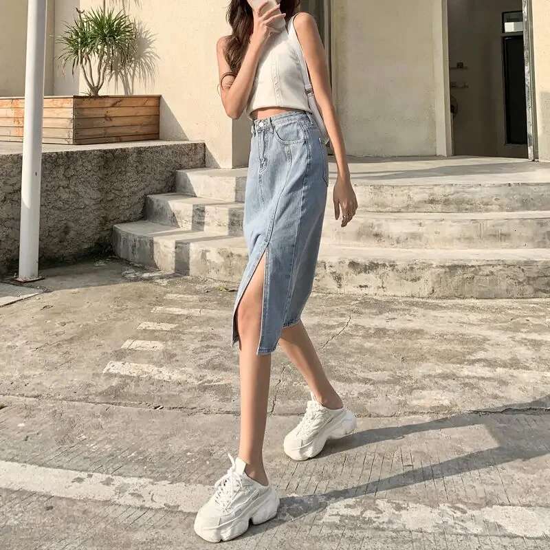 Woman Denim Skirt with Slit High Waist Jeans Skirts for Women Blue Cheap Modest 2025 Trend Stylish Premium Vintage Streetwear V