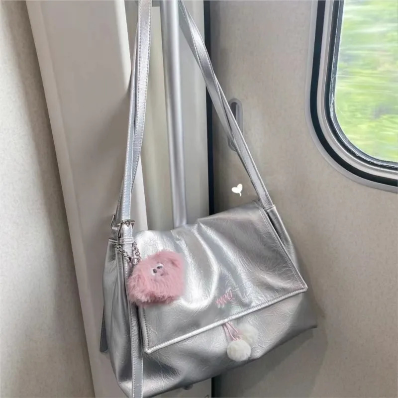 JIAERDI Large Capacity Silver Tote Bag Women High Street Pu Leather Casual Handbag Messenger Bag Ladies Retro Crossbody Bags Y2k 250614