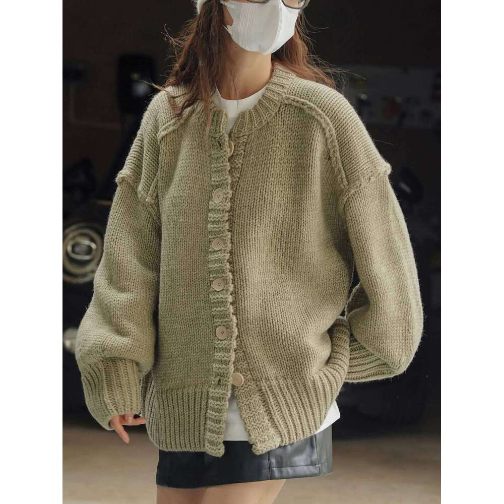 Autumn and Winter Women's Casual Solid Round Neck Long Sleeve Loose Cardigan Sweater