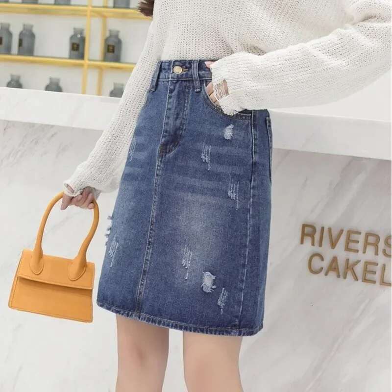 Womens Denim Skirt Zipper Blue with Pocket To Knees Length Chubby Ripped Midi Female Jeans Skirts New in Streetwear Aesthetic V