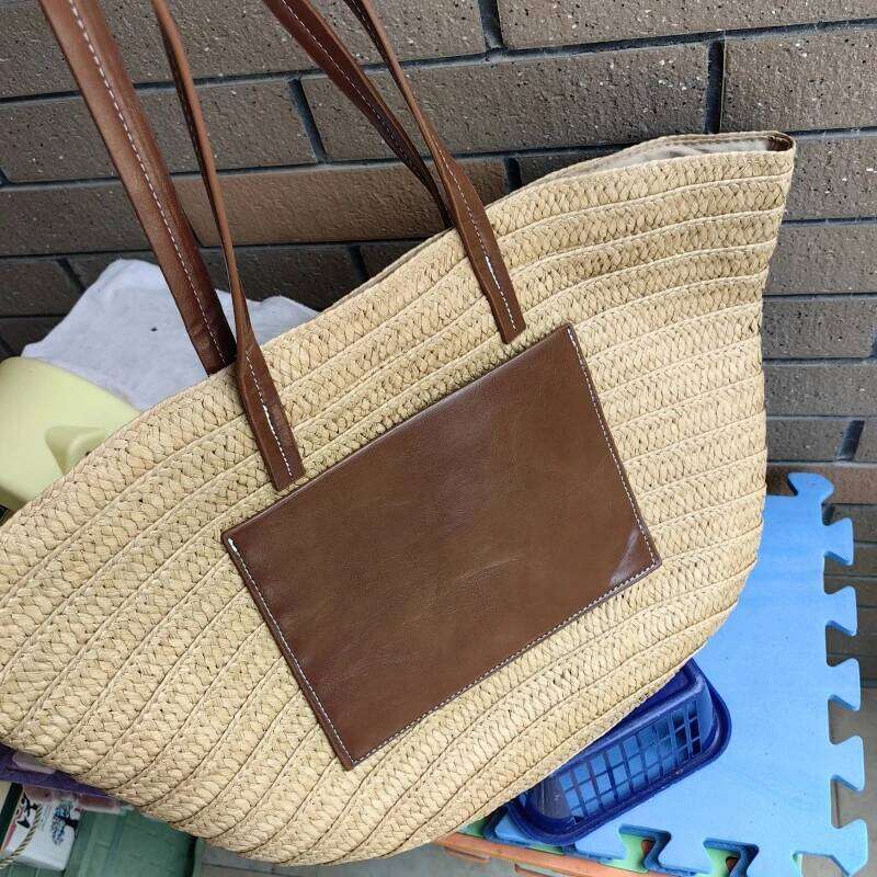 Meet You Large Capacity Zipper Leather Splice Straw Designer Summer Women's Travel Vacation Beach Bag Bohemian Bali