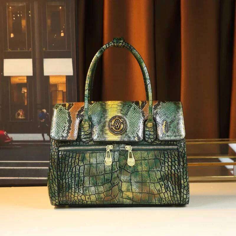 2024 New European And American Style Handbag Platinum Crocodile Pattern Large Middle-Aged Mother Bag Genuine Leath