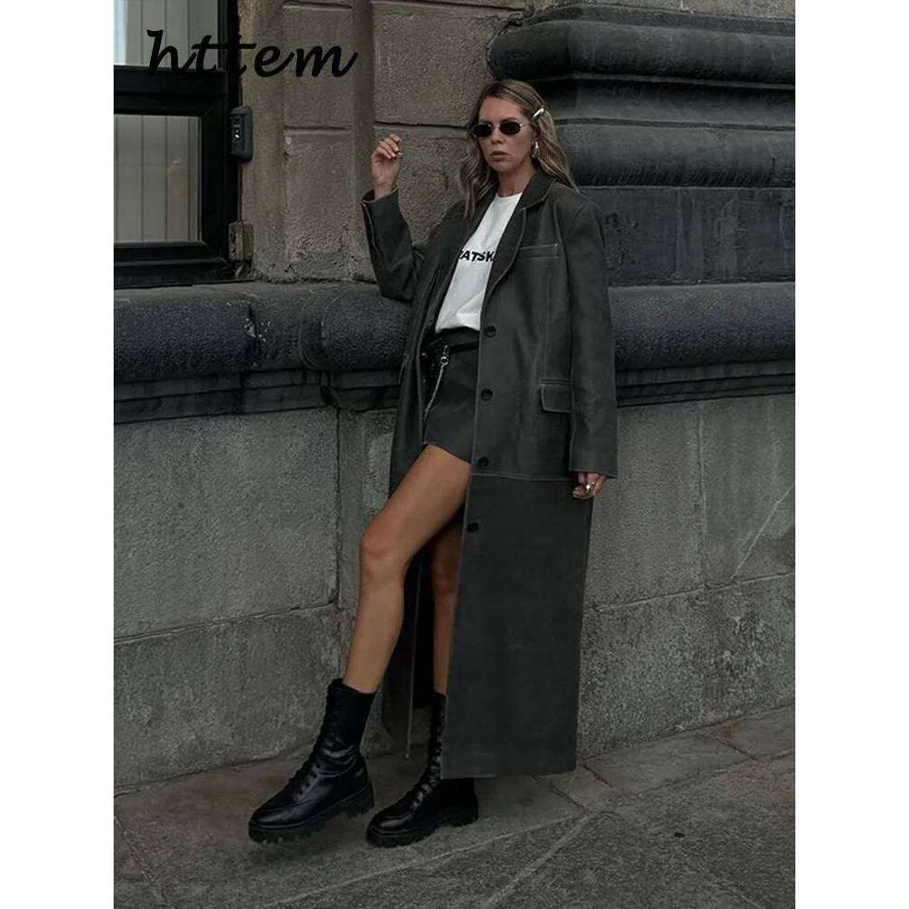 Fashion Women's Leather Trench Coat Loose Lapel Single Breasted Full Sleeve Overcoat 2024 Autumn Winter Lady High Street Coats