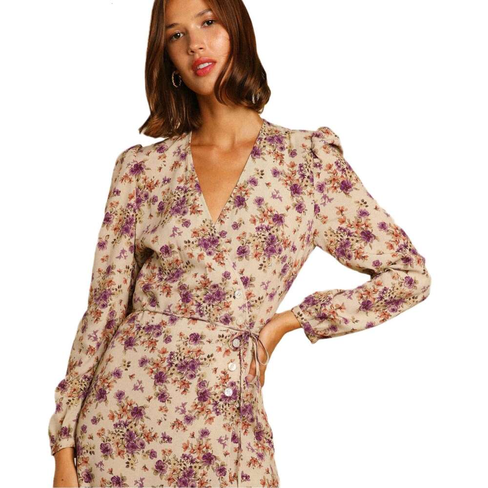 Festival Robe Dress Birthday Dress 515 Autumn New 2025 Printed V-neck Long Sleeve Mid-length French Tea Dress Womens Fashion