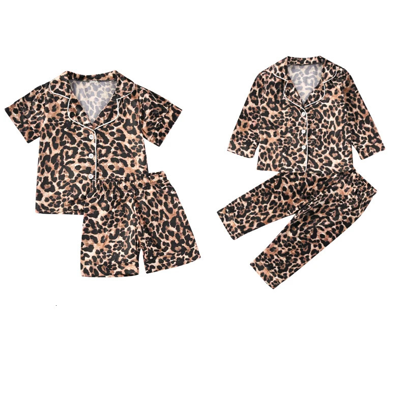 1-6Years Fashion Toddler Baby Boy Girl Leopard Pajamas long / short sleeve Top Pants Button-Down Sleepwear Nightgown 250617