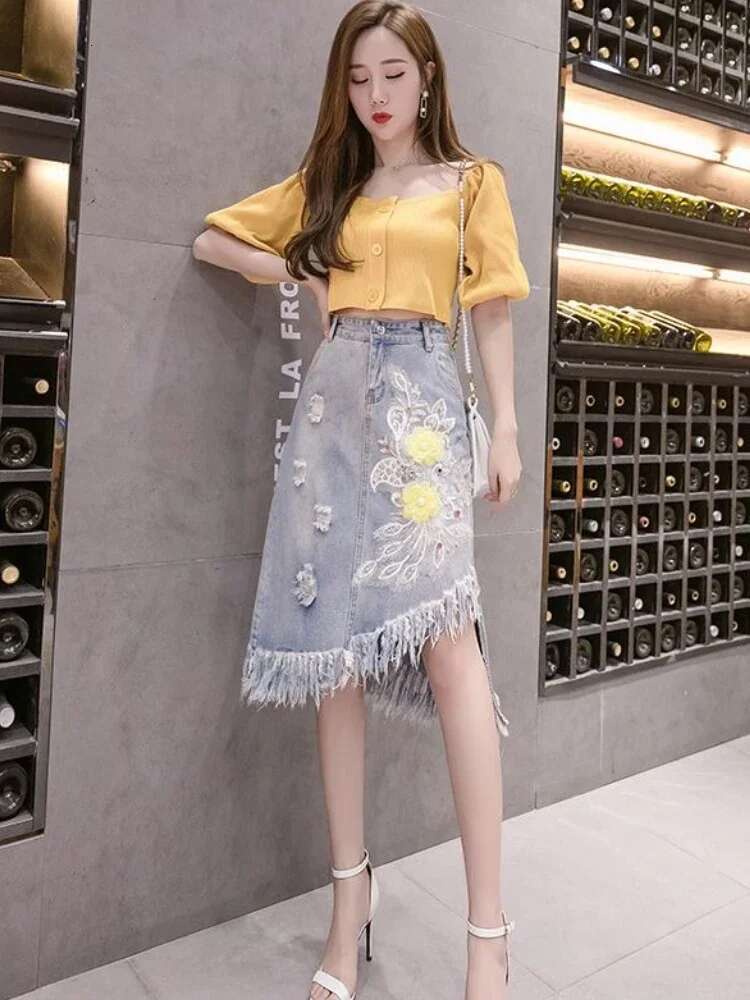 Female Jeans Skirts Fringe Midi High Quality Korean Style Streetwear New In Clothing Sales Vintage Casual Womens Denim Skirt