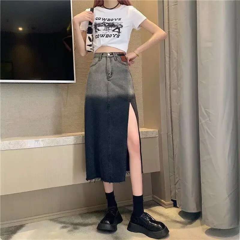 Maxi Chubby Womens Denim Skirt Sexy Night Club Outfit Coquette Long Gyaru Female Jeans Skirts High Waist with Slit Casual Cheap