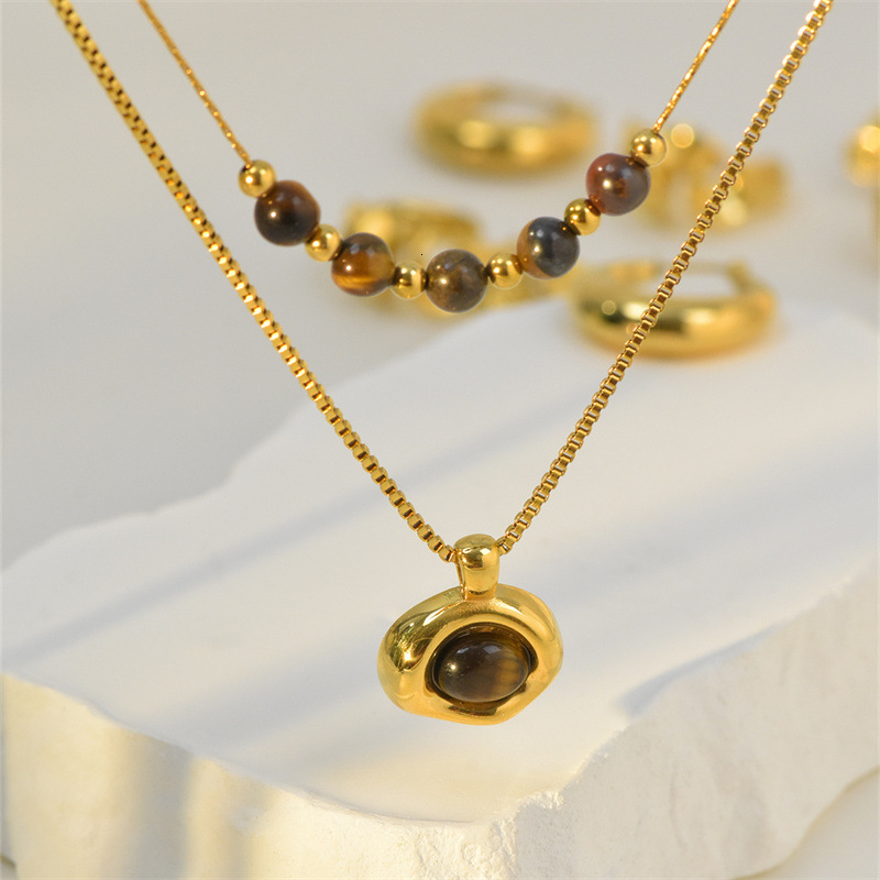 Tiger Eye Stone Beaded Irregular Stainless Steel Pendant Double Layer Stacked Necklace for Women