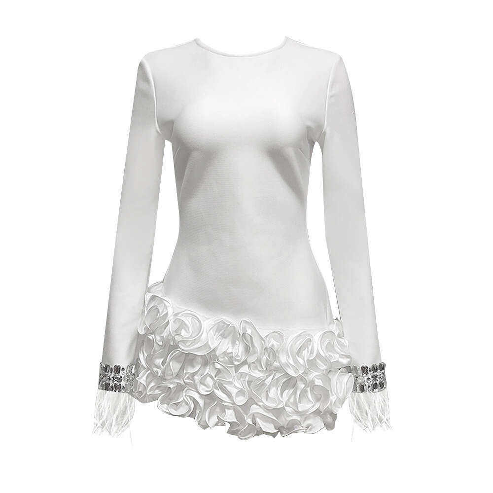Autumn Winter New French Hepburn Style Layered Ruffle Irregular Long Sleeve Black Bandage Dress