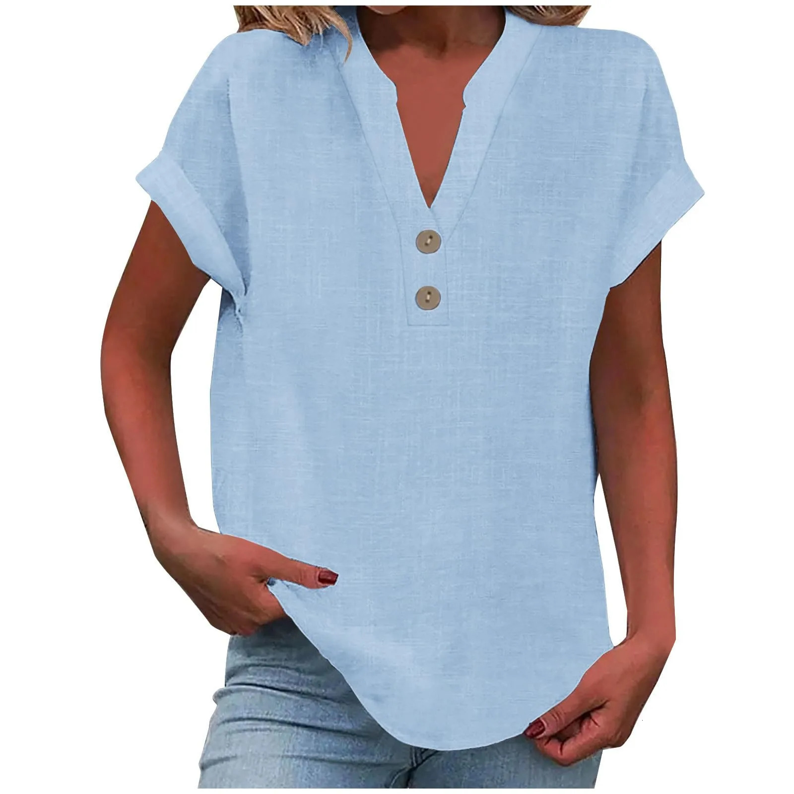 2025 Summer Cotton Linen Breathable Solid Color Button Down V-neck Shirt Basic And Versatile Casual Comfortable Lady Office Tops 250614