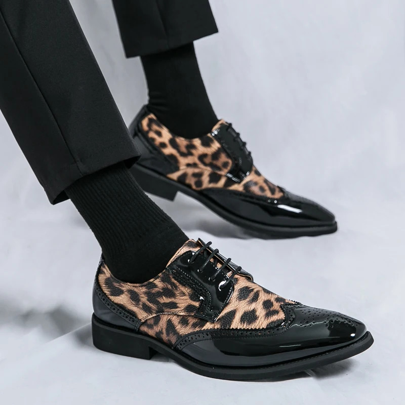 mens lace-up leopard print leather shoes slip-on business casual loafers Hair Stylist Nightclub 47 48 Extra size 250605