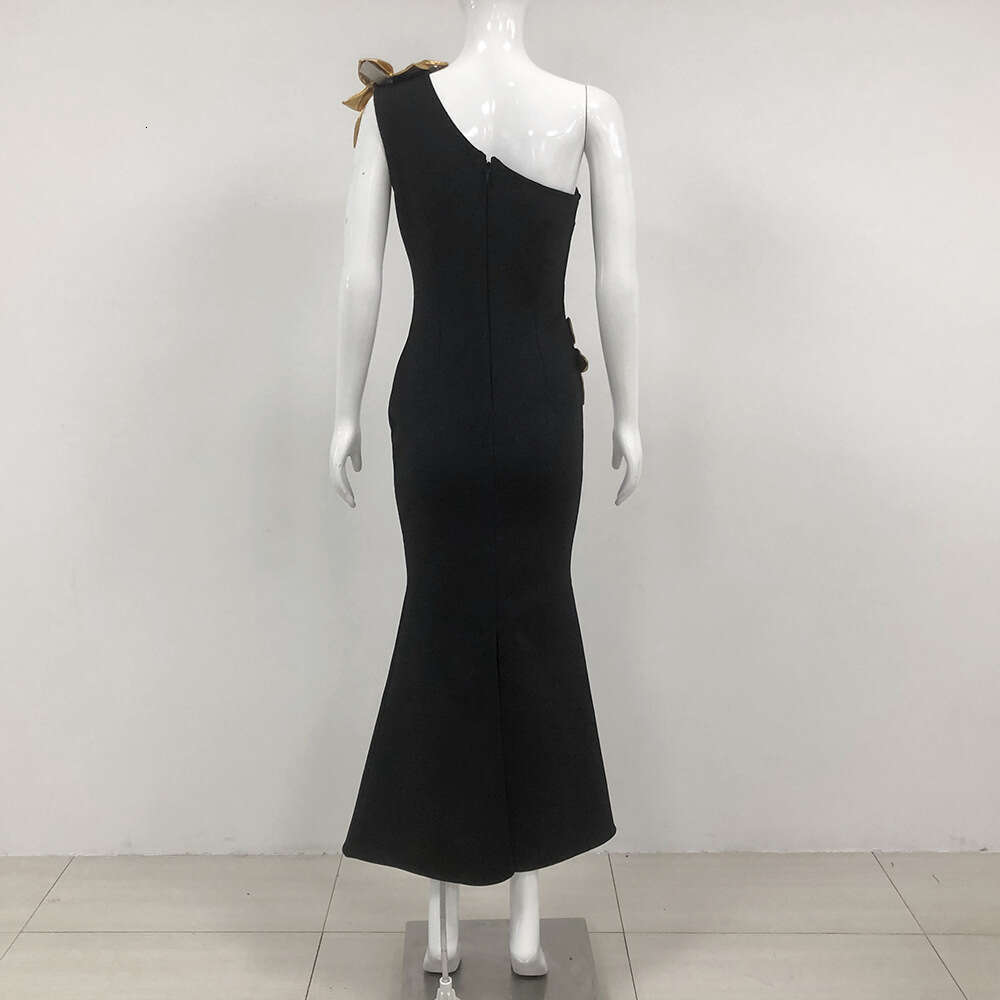 Autumn Fashion Women's Slim Fit Bandage Gold Flower Long Dress New Gown