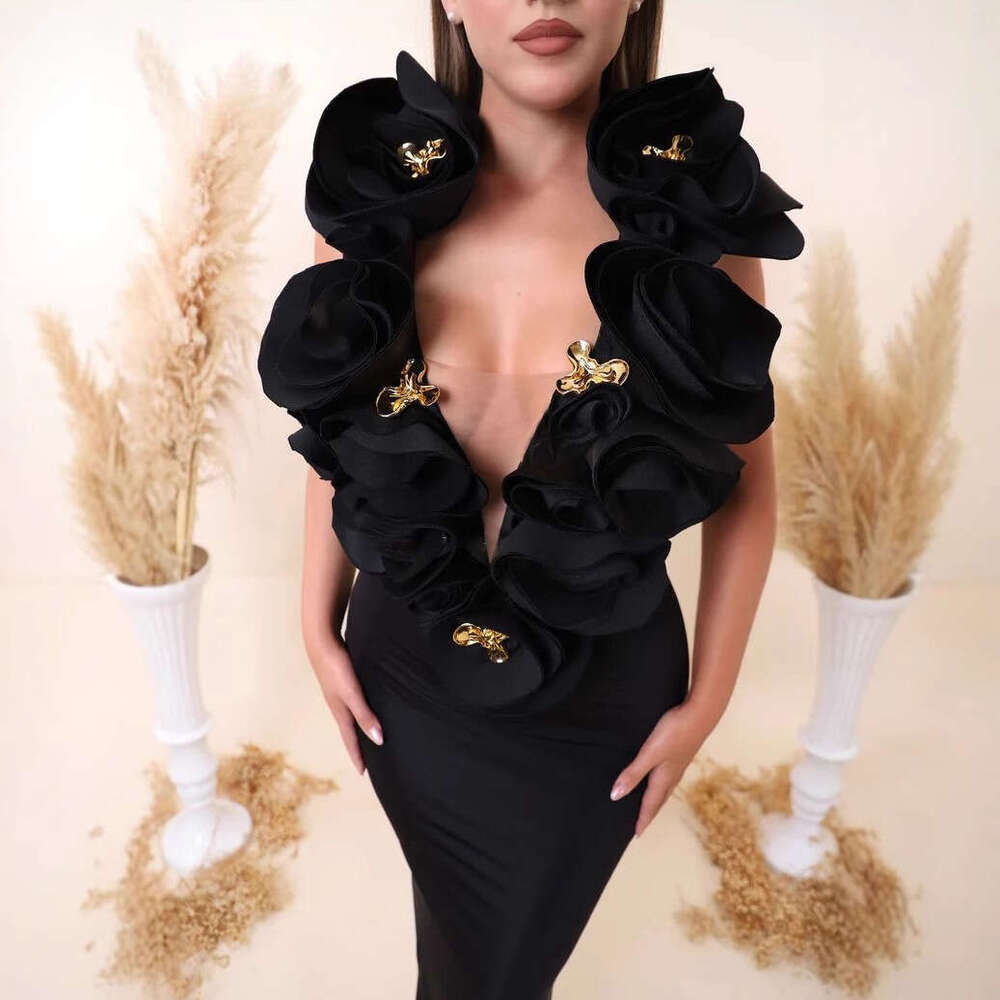Spring/Summer New Fashion Sexy Sleeveless Floral Slim Waist Black Long Bandage Dress