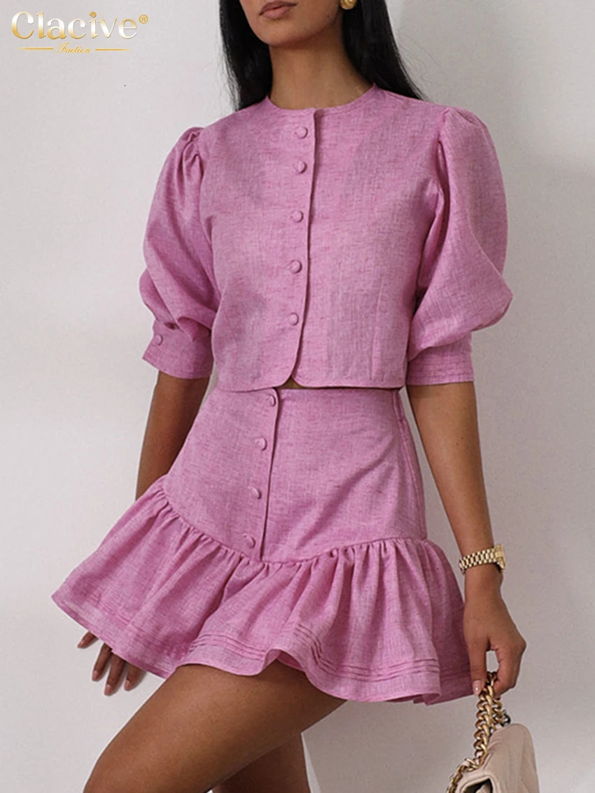 Clacive Fashion Slim Pink Cotton Woman 2 Piece Set Outfit Summer Short Sleeve Crop Top With High Waist Mini Skirt Set Female 250616
