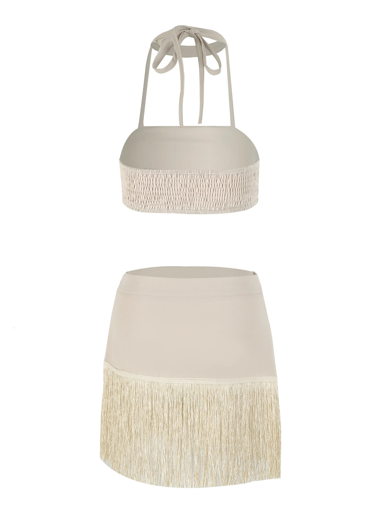 2025 Trend 2Pcs Fringe Set Skirt Sets Sexy Tassels Short Bandeau Top Elegant Tassel Skirt Chic Beach Outing Women Bandage Suit 250614