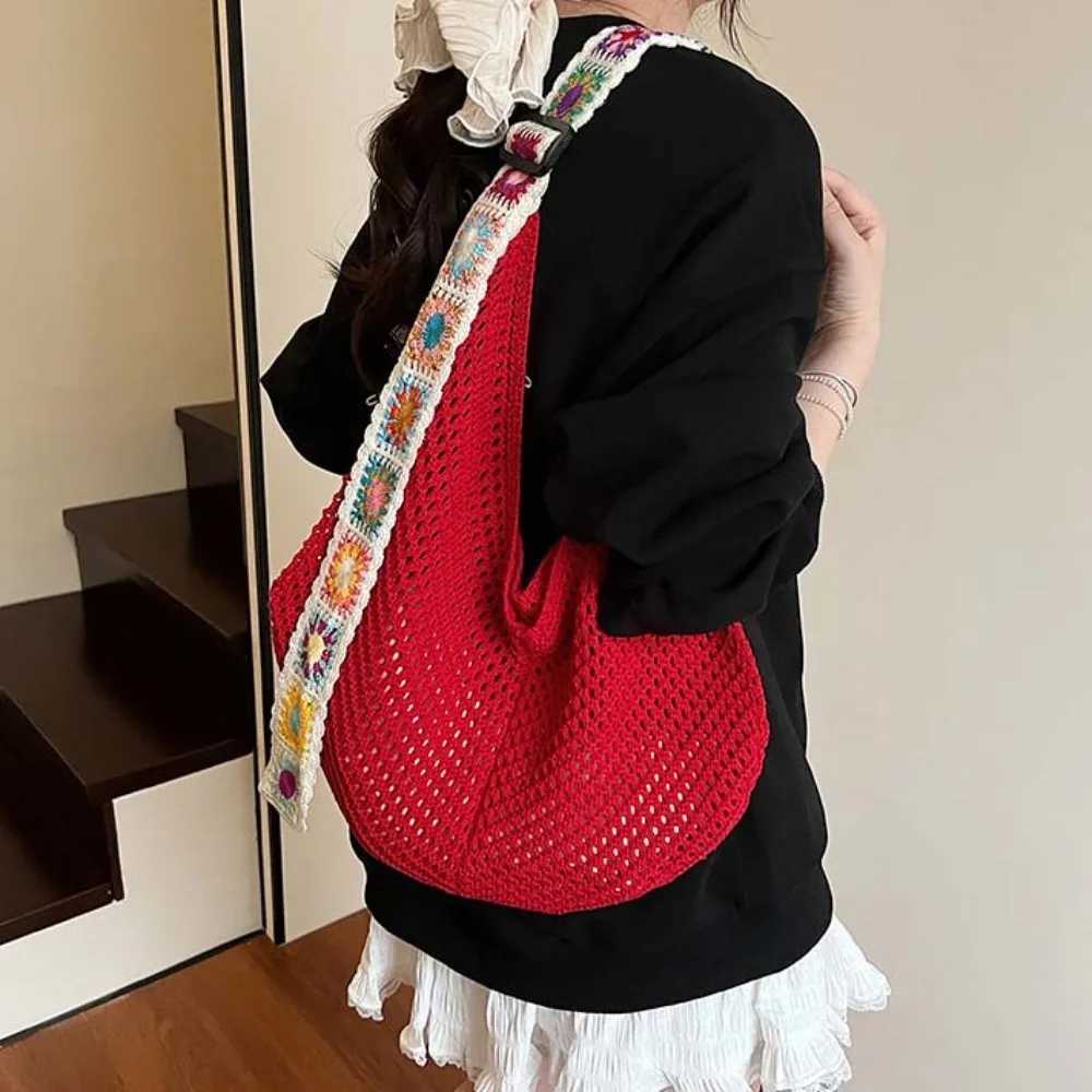 Large Capacity Crochet Tote Bag Ethnic Style Flower Hollow Woven Bag Embroidered Strap Lightweight Knitting Handbag Female Z250617