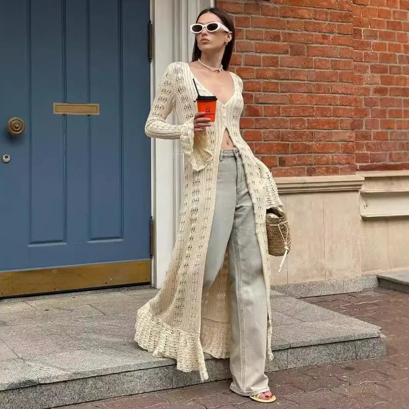 DRC 2025 Holiday Knitted See-throught Cardigan Dress V Neck Long Flare Sleeves Leisure Long Trendy Single Breasted Autumn 250616