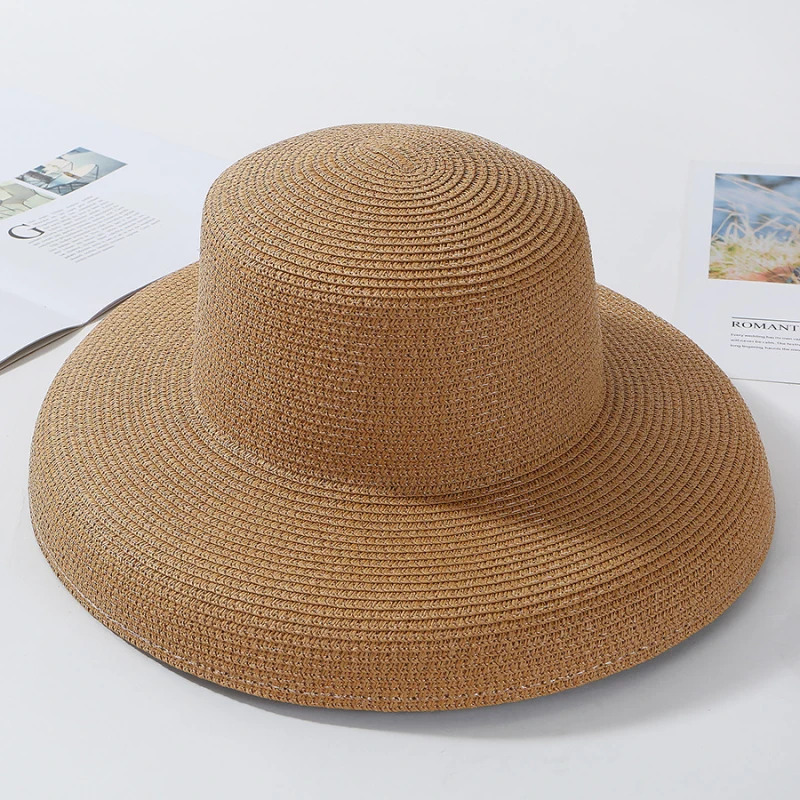 HT2303 Summer Sun Hats Ladies Solid Plain Elegant Wide Brim Hat Female Round Top Panama Floppy Straw Beach Hat Women 250616
