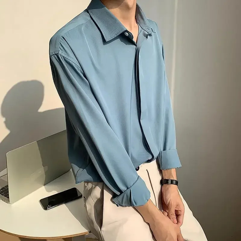 Male Shirts Plain White Ice Silk Korean Clothes Mens Shirt With Sleeves Button Up Trend I Sale Style Cool Casual Xxl 250616
