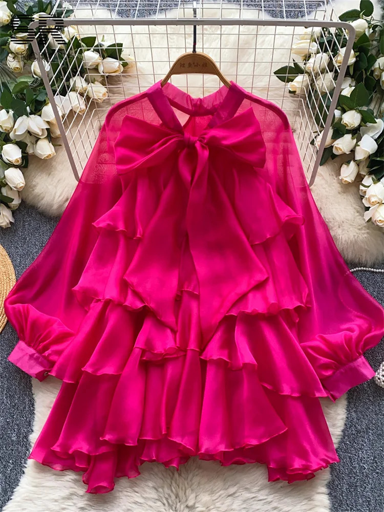 SINGREINY Summer Ruffles Sweet Blouse Women Lantern Sleeves Bow Solid Shirts Female French Party Vintage Chiffon Tops 250617
