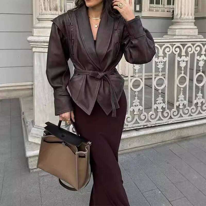Women Faux Leather Jacket 2024 Autumn Winter Versatile Brown Long Sleeves V Neck Lace Up Coat Causal Lady High Street Outerwear