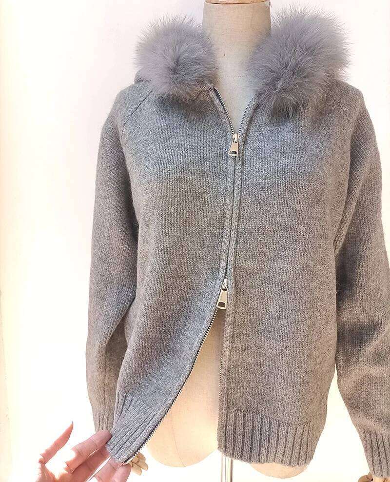2025 Women Spring Knitted Hooded Cardigans Real Fox Fur Stripe Long Sleeve Warm Cardigan Sweater With Zipper
