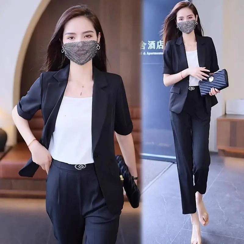 Womens Summer Fashion Short Sleeved Suit Pants Two Piece Korean Elegant Thin Casual Blazers Jacket Trousers Matching Set 250612