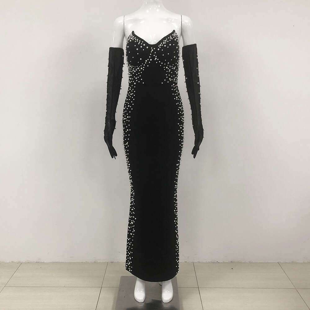 Winter New Fashion Sexy Pearl Decorated Socialite Style Strapless Bandage Long Dress
